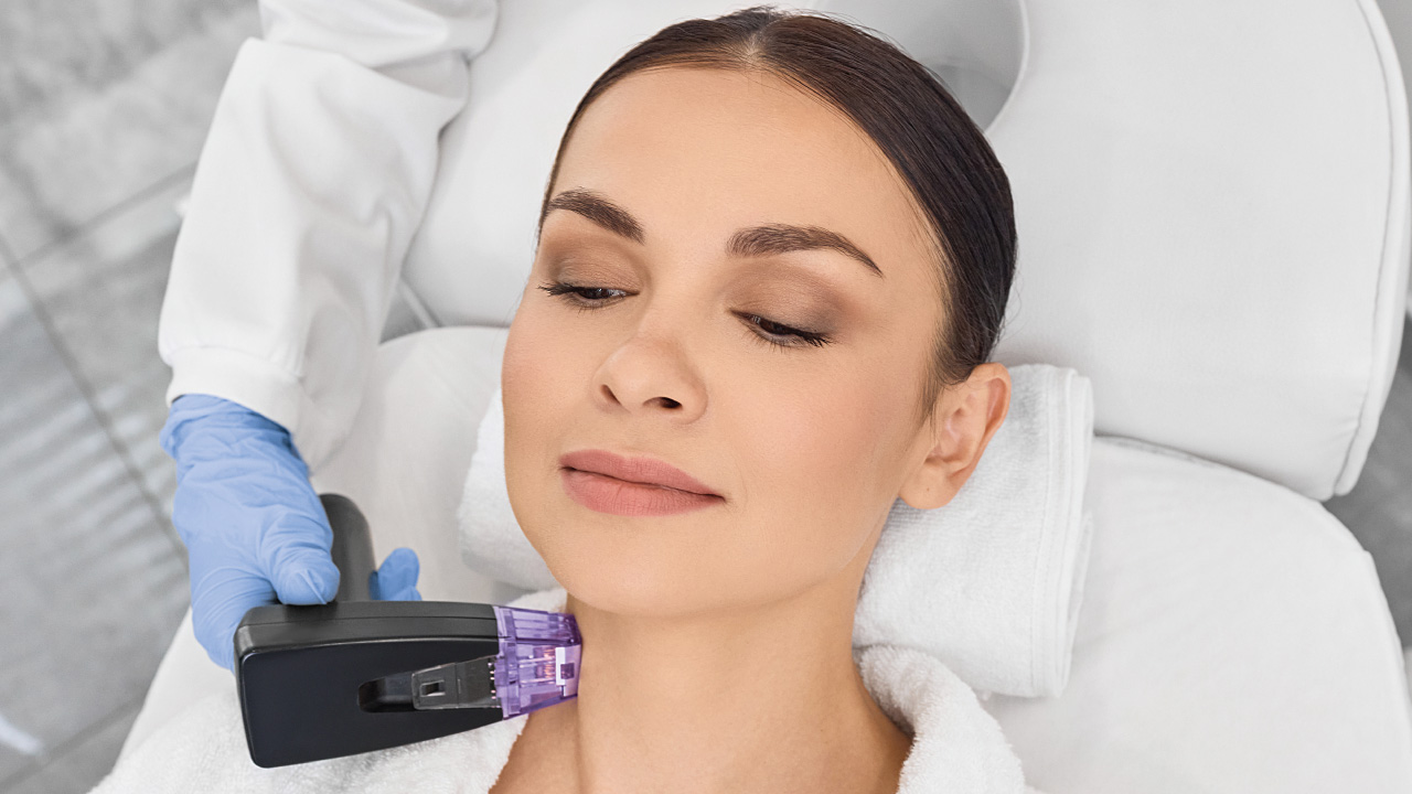 Patient receiving Forma-I radiofrequency therapy around the eyes.