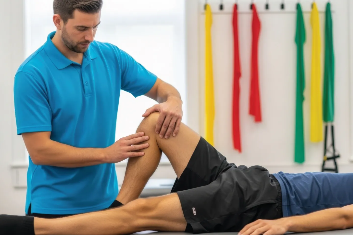 Physiotherapist performing knee rehabilitation to support faster injury recovery.