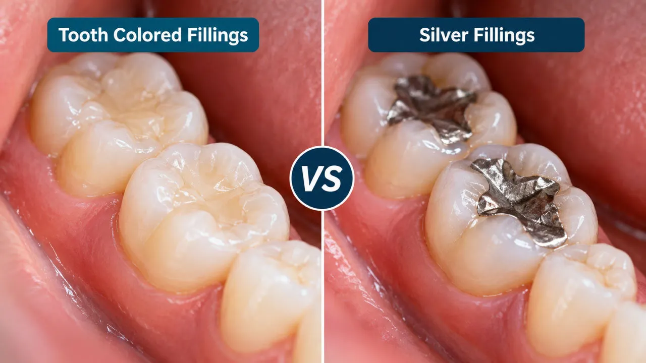 Dr explaining the differences between tooth-colored composite fillings and silver amalgam fillings during a dental consultation.