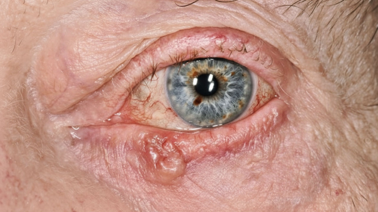 Close-up medical illustration of an eyelid showing basal cell carcinoma