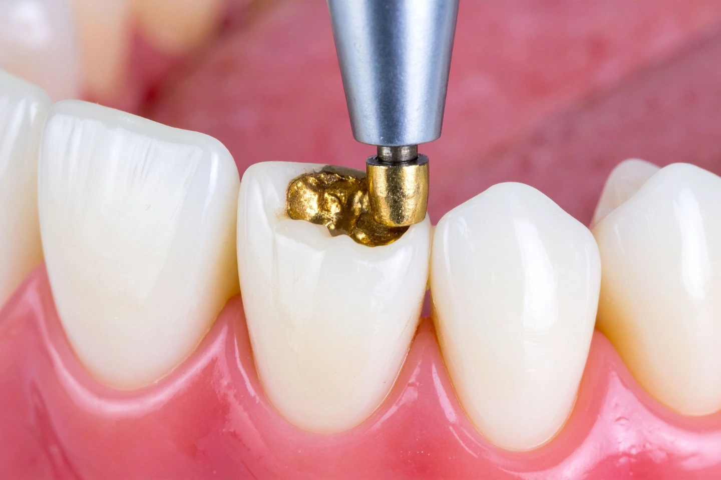Gold dental filling placement on molar showing durable restorative treatment option