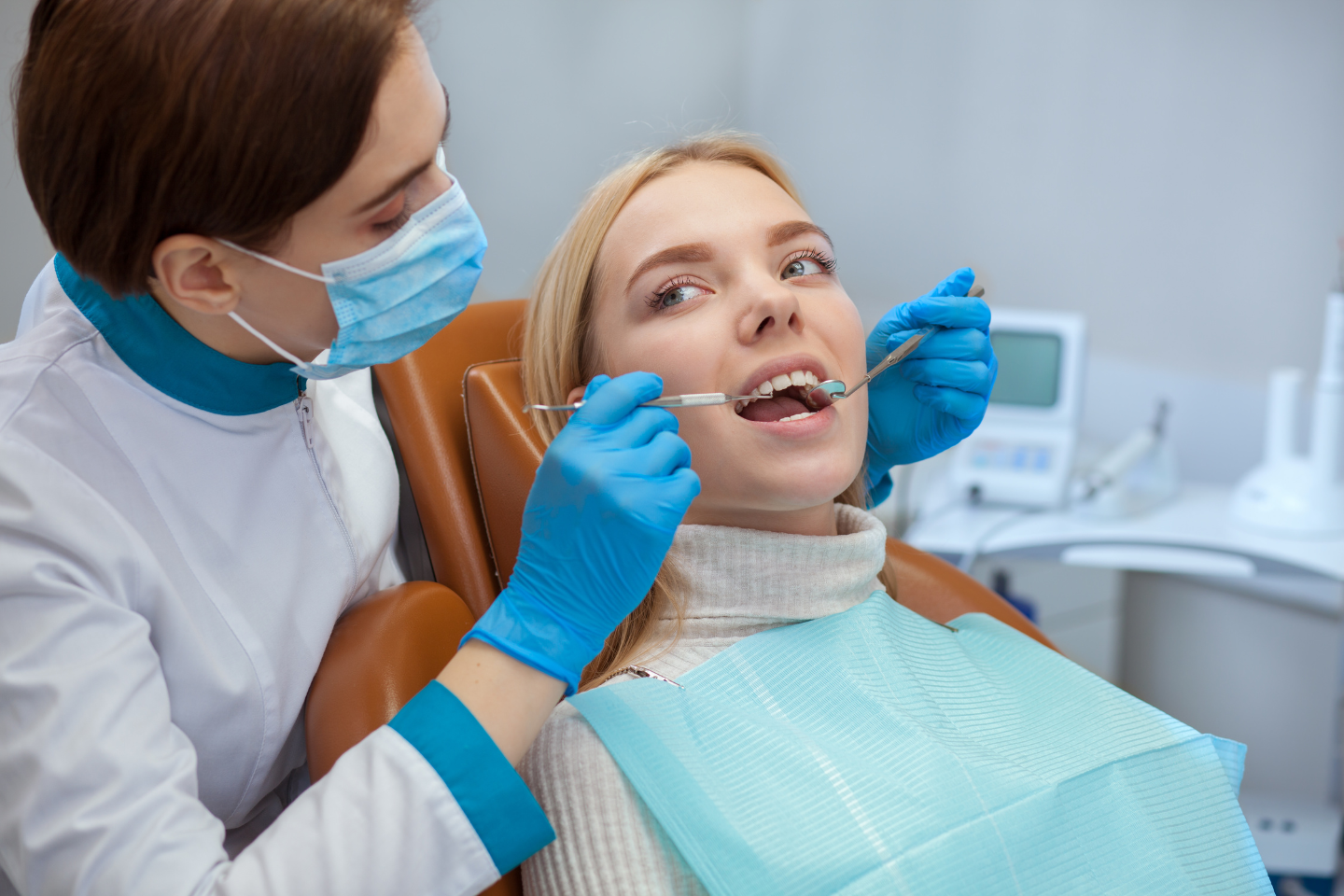 Healthy smile with graphic illustration of probiotics balancing bacteria in the mouth.