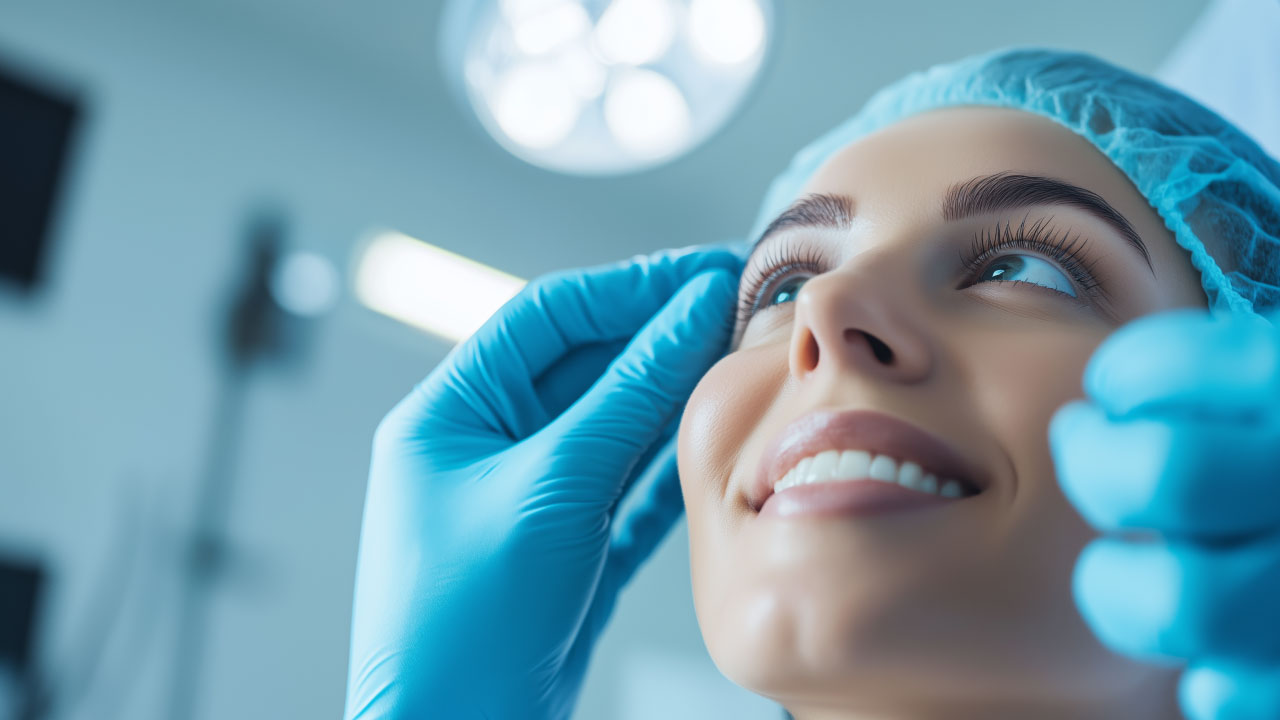 Smiling patient after eyelid rejuvenation surgery with youthful eyes