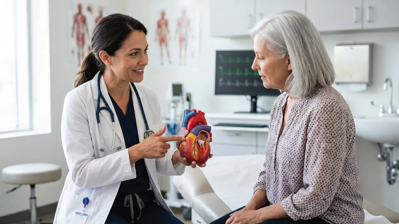 Interventional cardiologist discussing recovery after angioplasty with a patient during a follow up visit