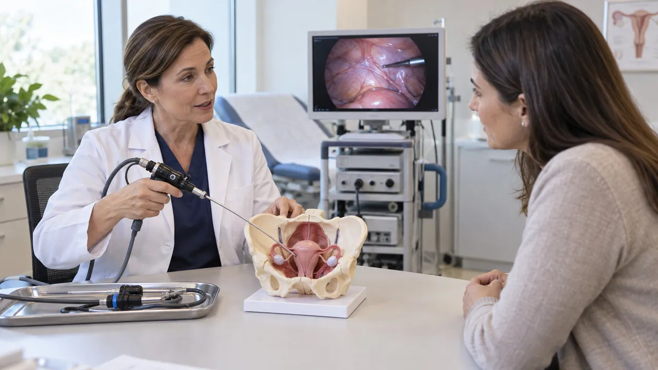 Gynecologist performing a diagnostic laparoscopy to examine pelvic organs