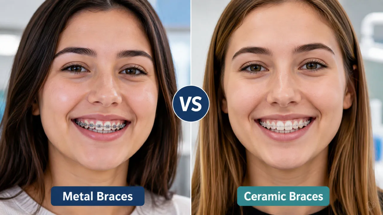 Dr explaining the differences between metal braces and ceramic braces during an orthodontic consultation.