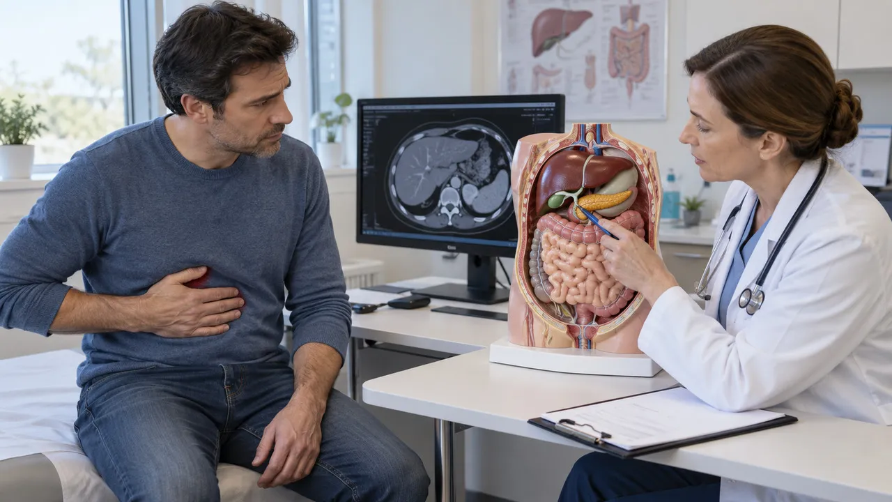 Abdominal pain related to possible gallbladder liver or pancreas problems