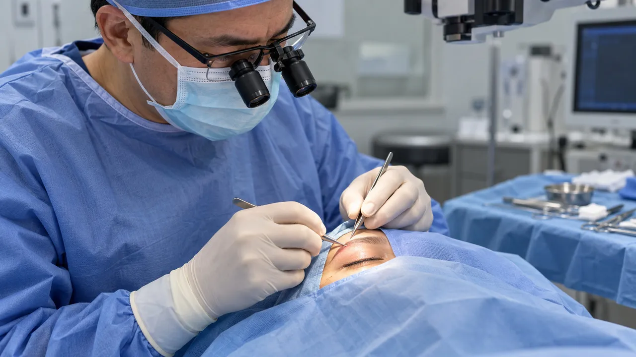 Patient consulting an eye surgeon about ptosis surgery for drooping eyelids