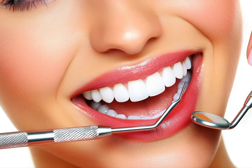 Smiling patient showing bright, white, straight teeth after dental treatments.