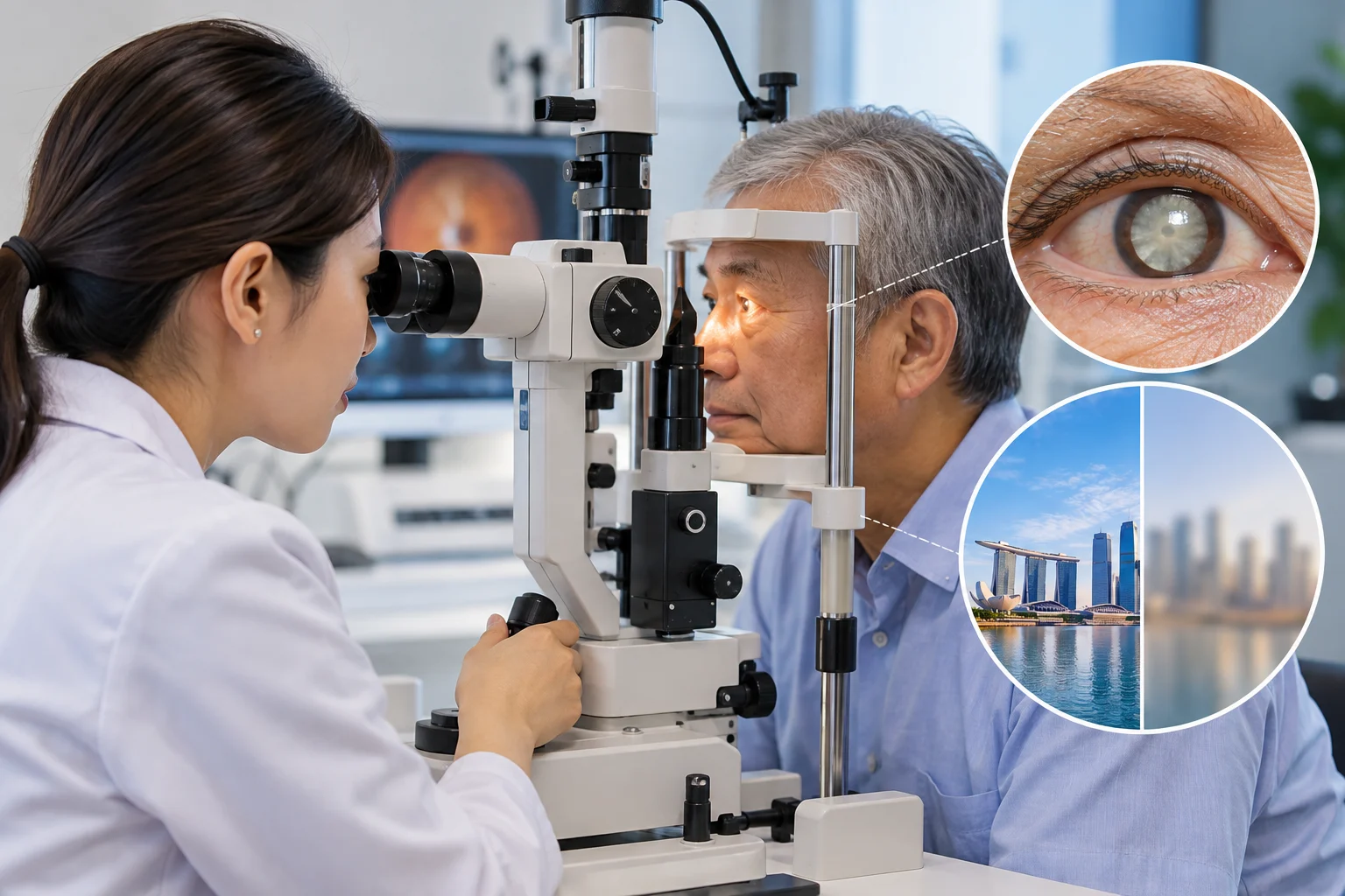 optometrist checking cataracts in elderly patient