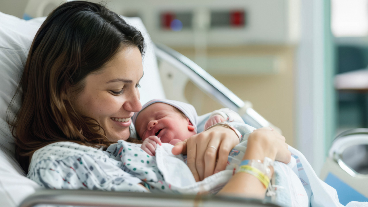 Newborn baby being checked for blood sugar using a heel-prick test.
