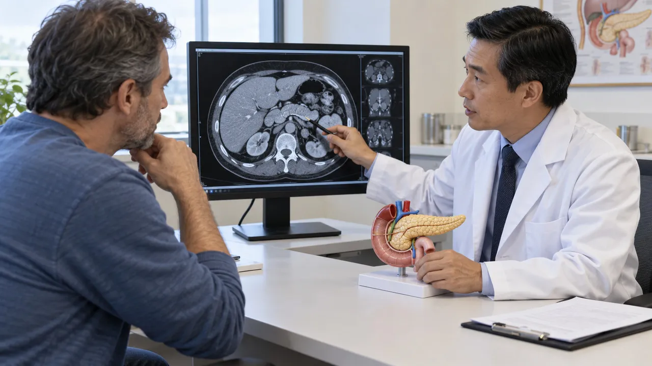 Patient consulting a surgeon about conditions that may require pancreatic surgery