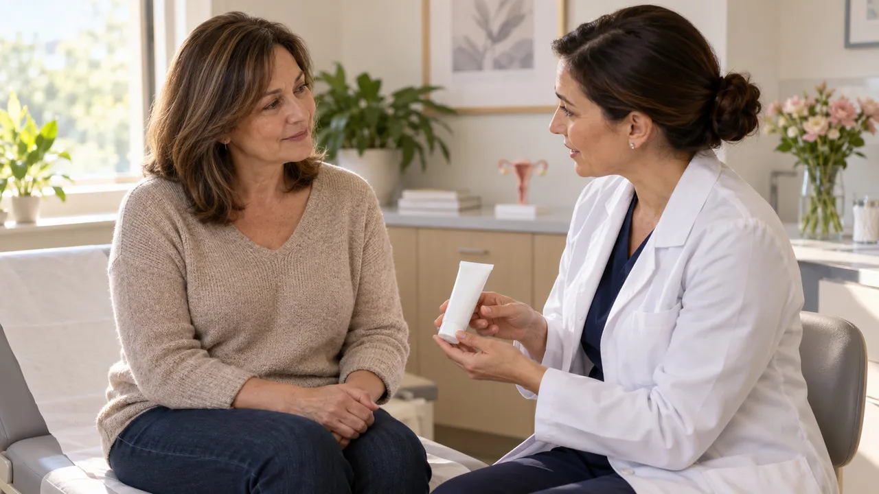 Woman experiencing vaginal dryness during menopause and discussing treatment options