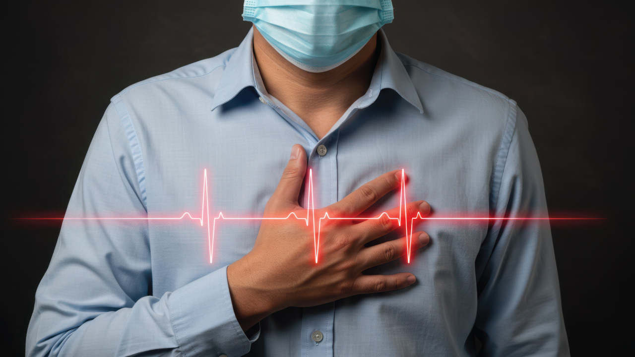 Person holding their chest with a heartbeat icon indicating palpitations.