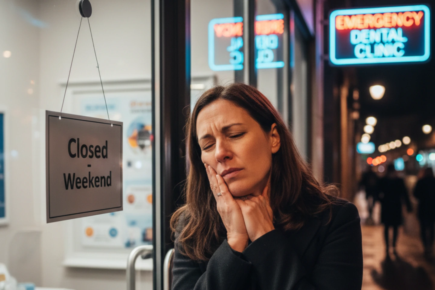 Woman experiencing severe tooth pain outside a closed dental clinic at night, highlighting a weekend dental emergency when a dentist is unavailable.