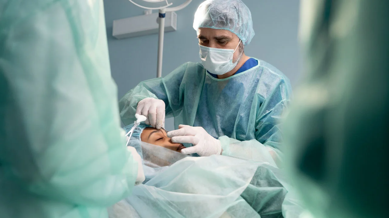 Oculoplastic surgeon explaining orbitotomy surgery using a model of the eye socket