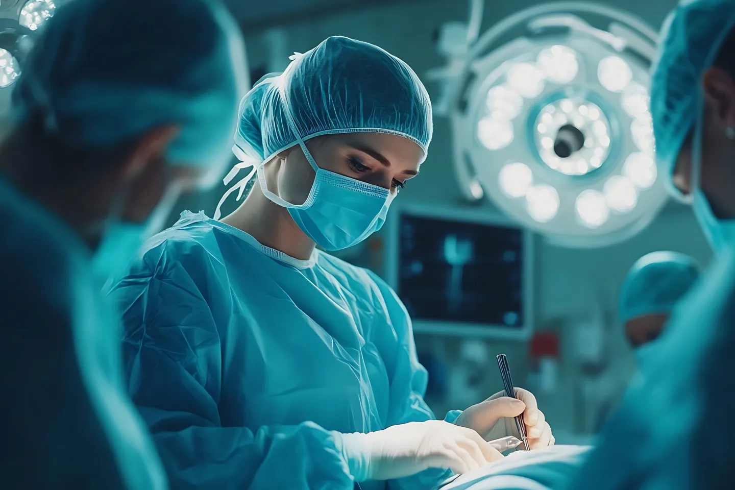 Surgeon performing minimally invasive keyhole surgery using laparoscopic instruments.